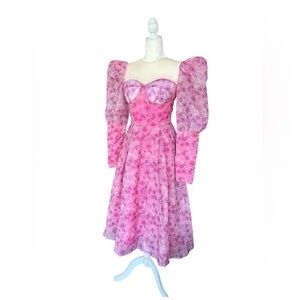 Dreamy Pink Floral Puff-Sleeve Midi Dress | Decorative Buttons | Size Small
